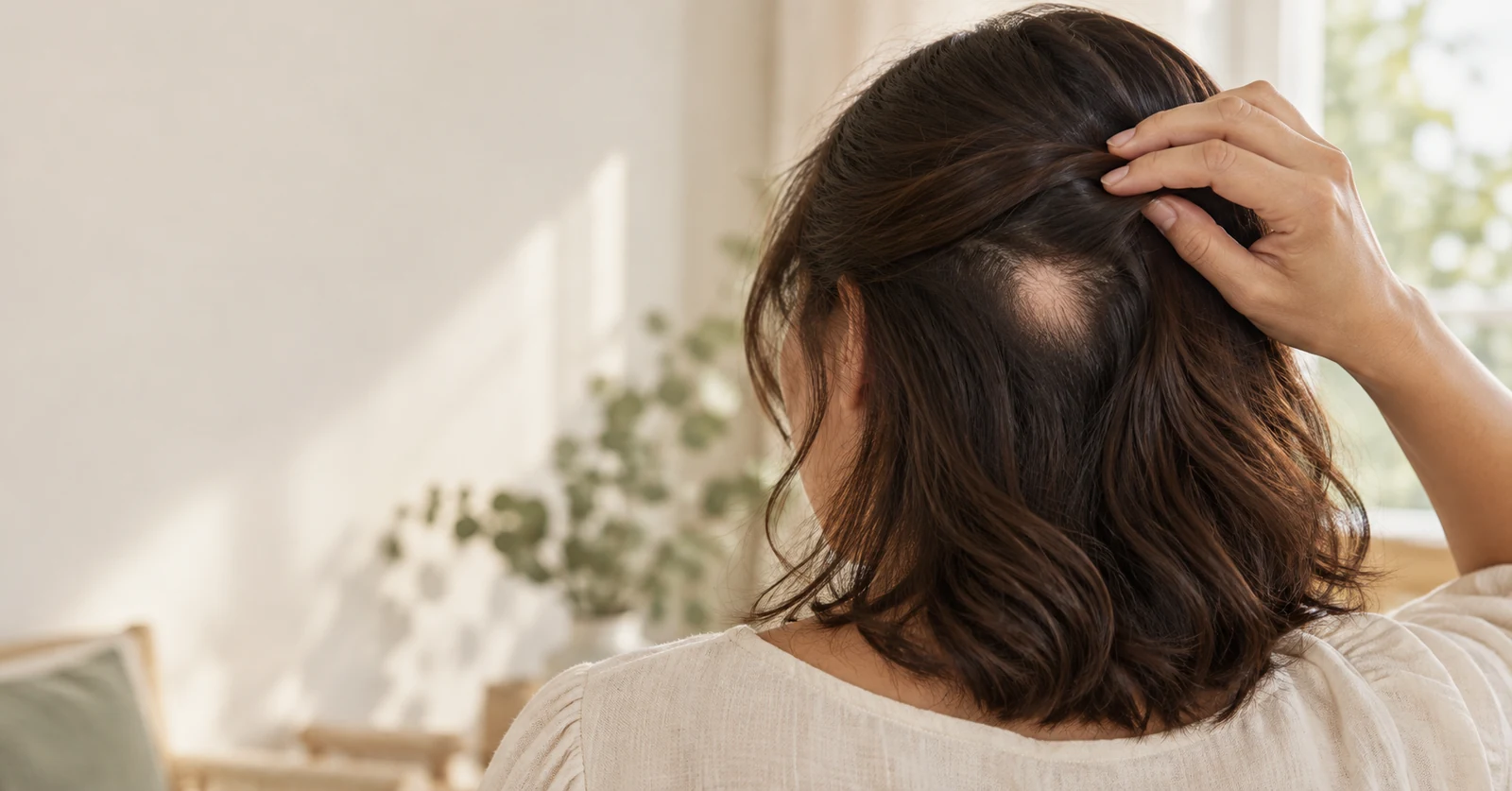 AI-generated illustration of a woman revealing a small patch of scalp hair loss