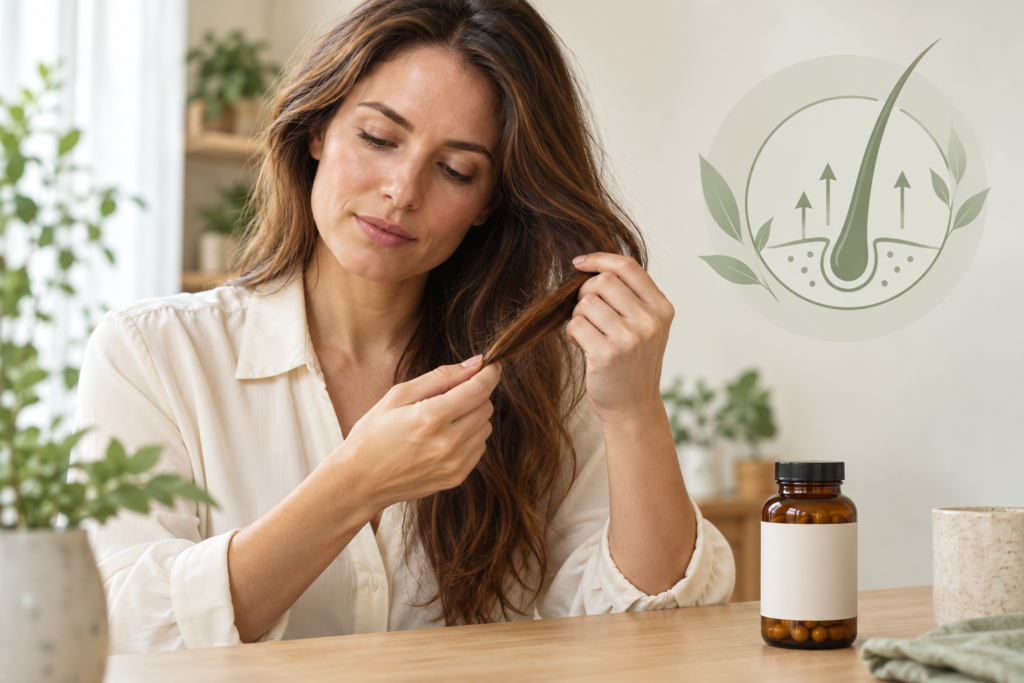Woman examining her hair beside an unbranded supplement bottle and a stylised hair follicle illustration