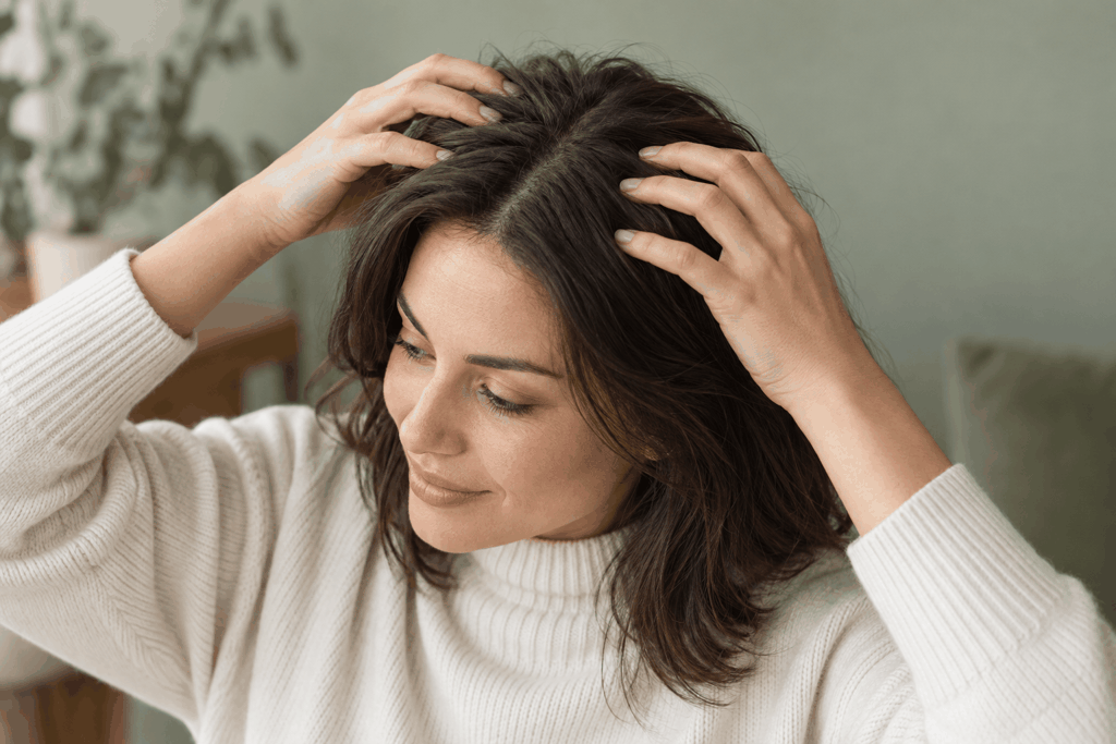 Close-up of a woman using her fingertips for gentle scalp massage