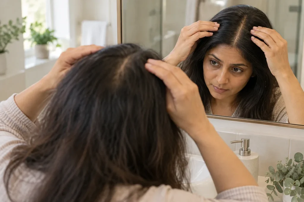Woman looking at her central hair part in a mirror