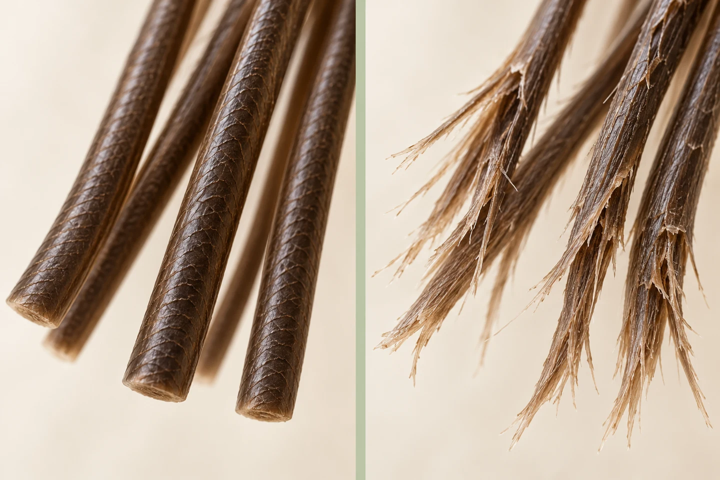Magnified illustration of intact hair ends on the left and split, broken ends on the right.