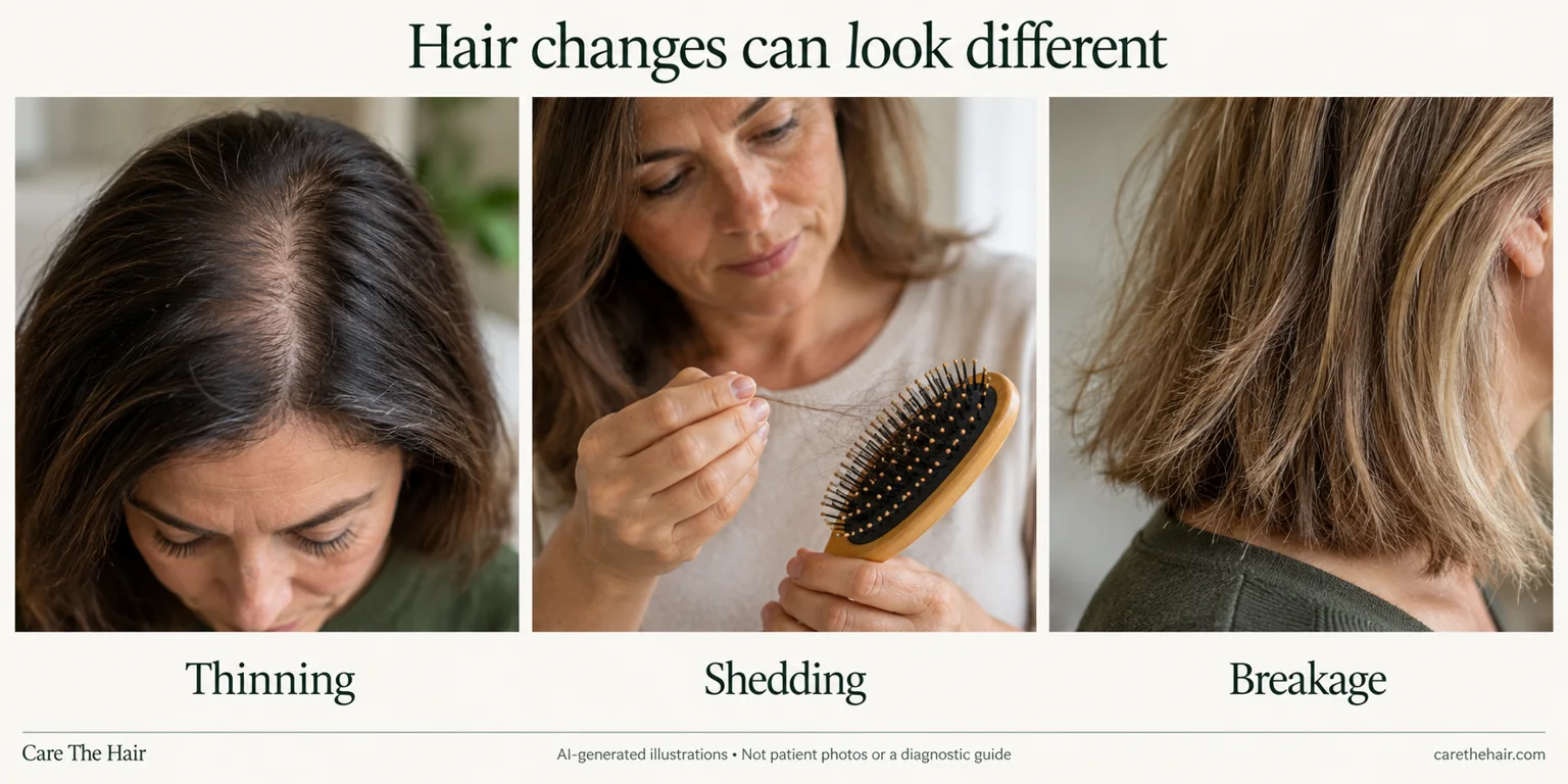 Illustrative comparison of a widening hair part, loose shed hairs and short broken strands