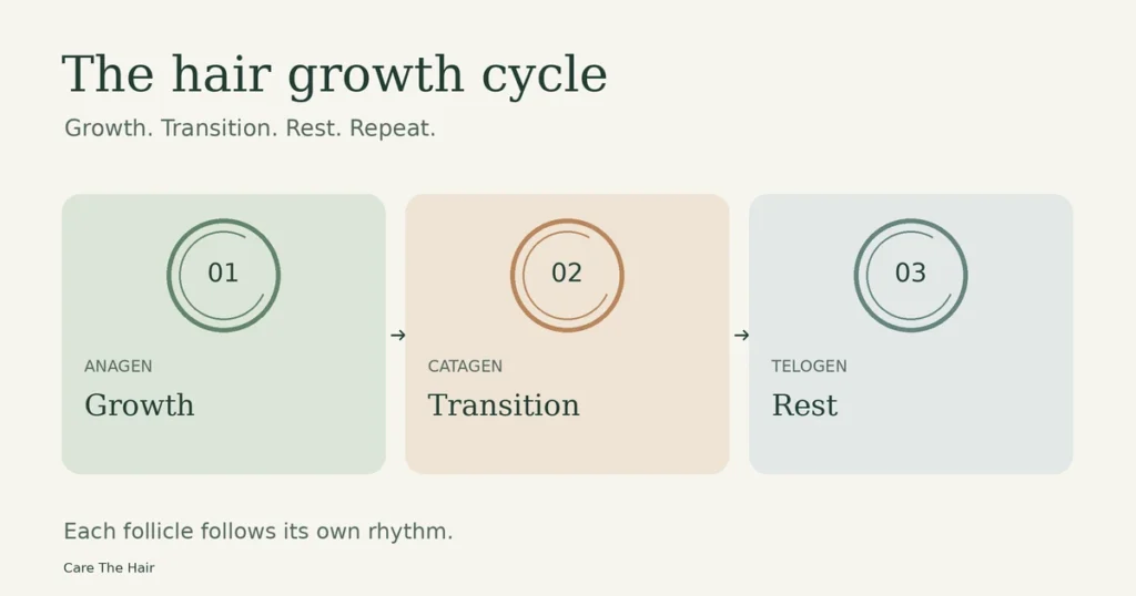 Hair growth cycle showing anagen growth, catagen transition and telogen rest