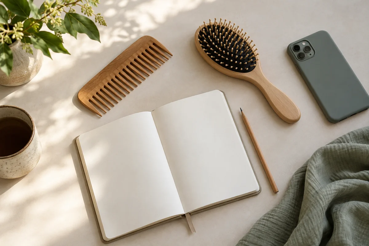 Notebook, comb and brush arranged for planning a hair loss appointment