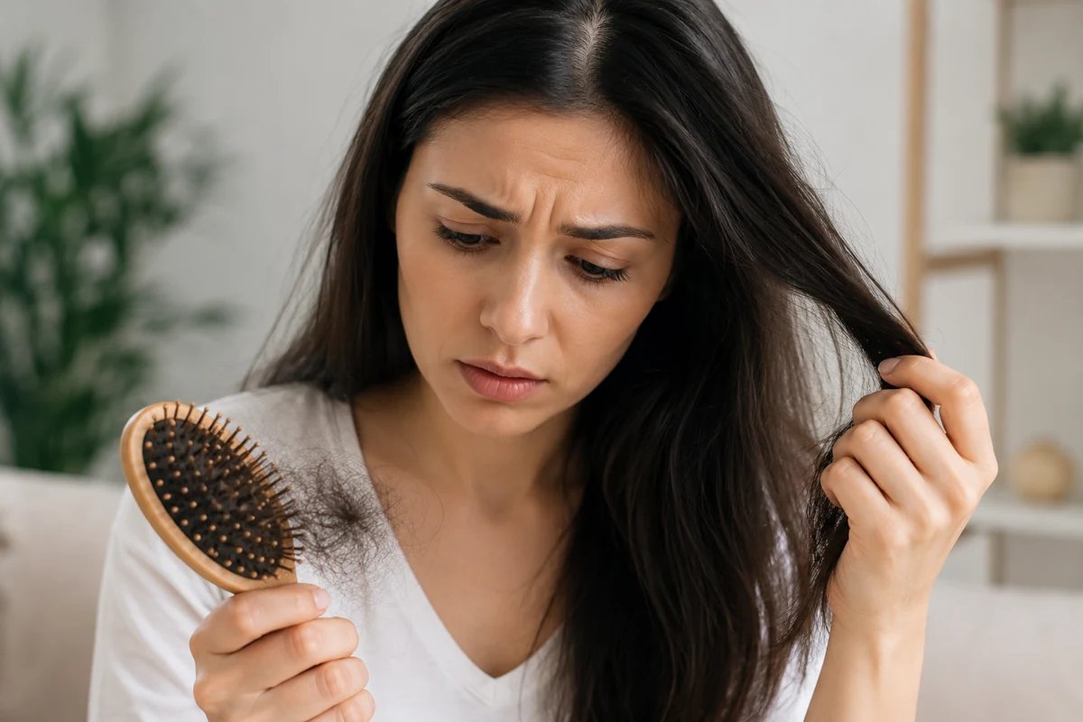 Woman examining strands of shed hair