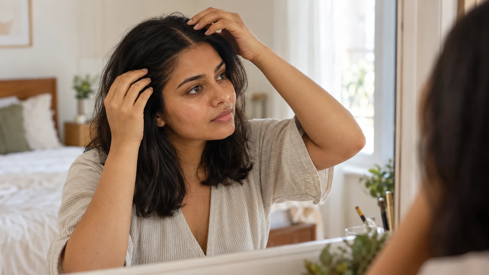 AI-generated illustration of a woman checking her hair parting in a mirror