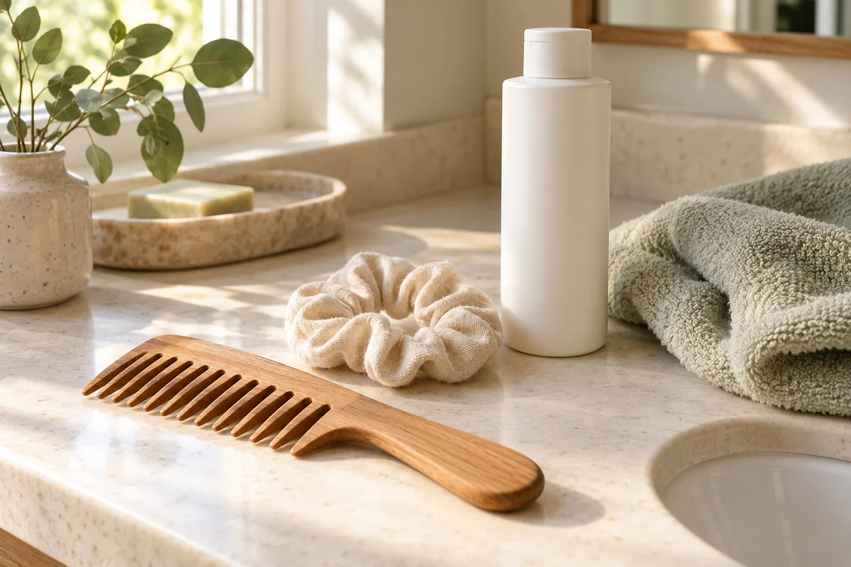 Wide-tooth comb, loose fabric hair tie and unbranded shampoo on a bathroom counter