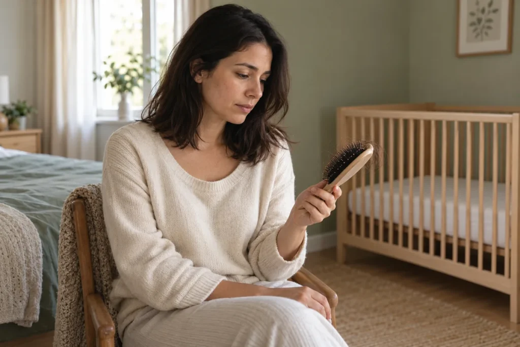 Mother beside a baby cot looking at a hairbrush