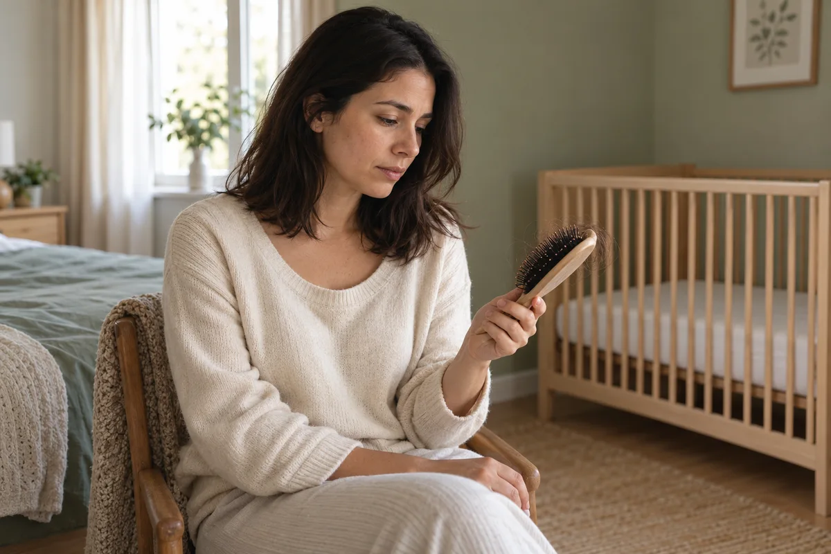 Mother beside a baby cot looking at a hairbrush