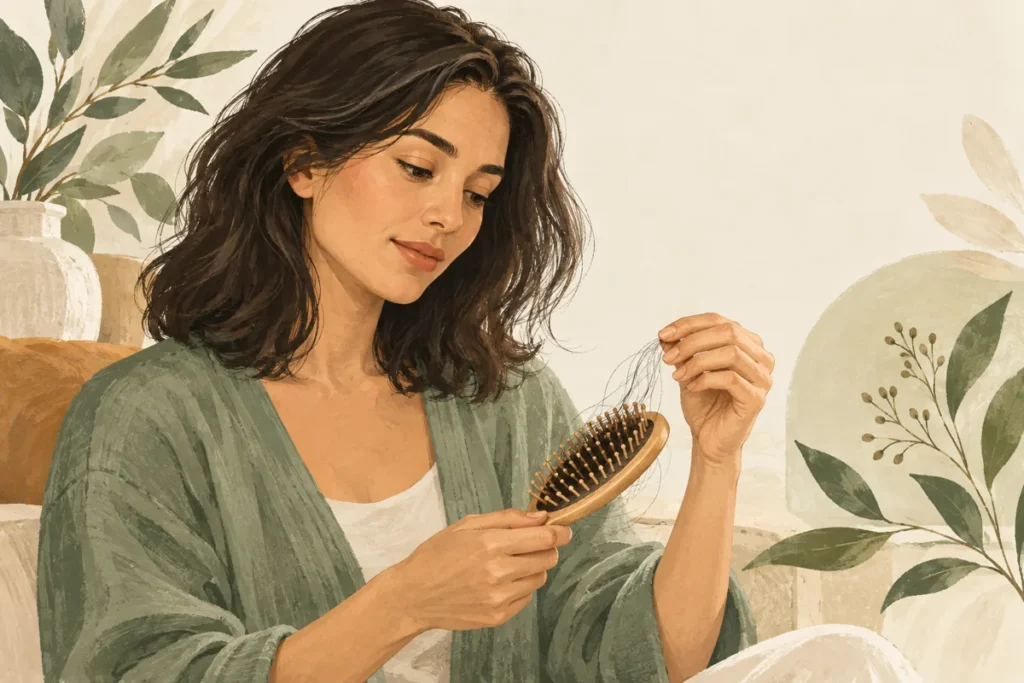 Editorial illustration of a woman looking at shed strands on a hairbrush