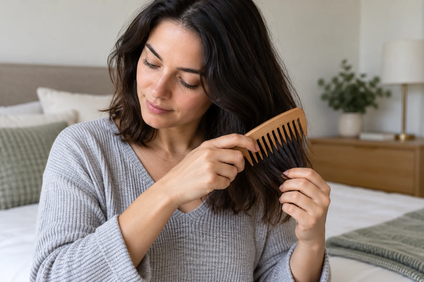 Woman gently detangling her hair with a wide-tooth comb