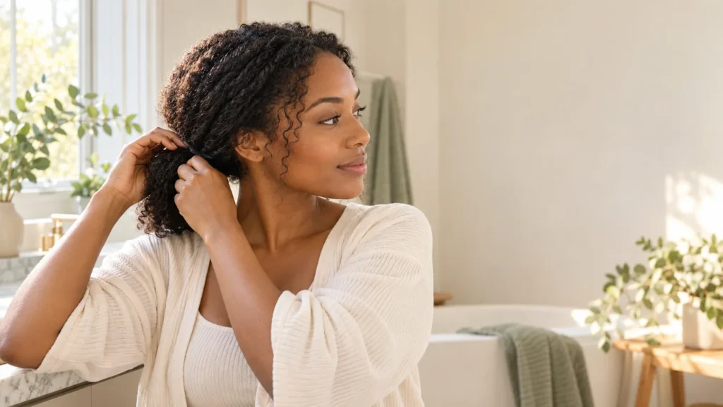 Woman gently arranging her hair in a loosely secured style.