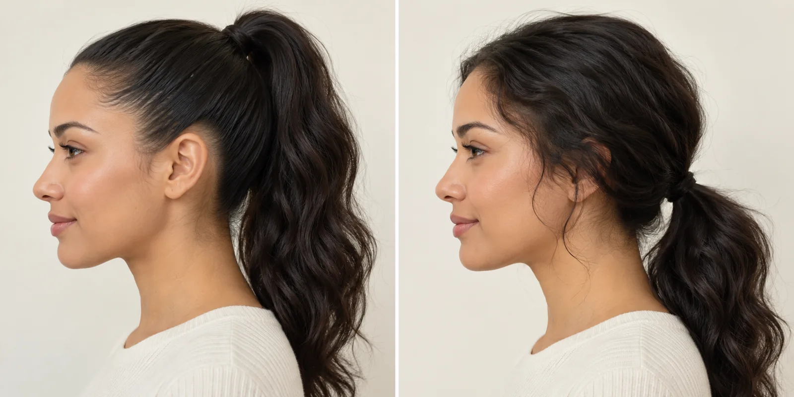 Educational comparison: tightly pulled ponytail on the left and loosely secured ponytail on the right.