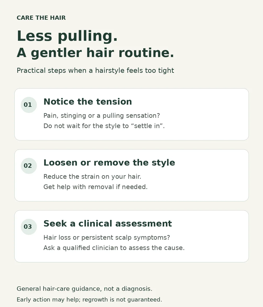 Reduce hairstyle tension: notice discomfort, loosen the style, and seek assessment for hair loss or persistent symptoms.