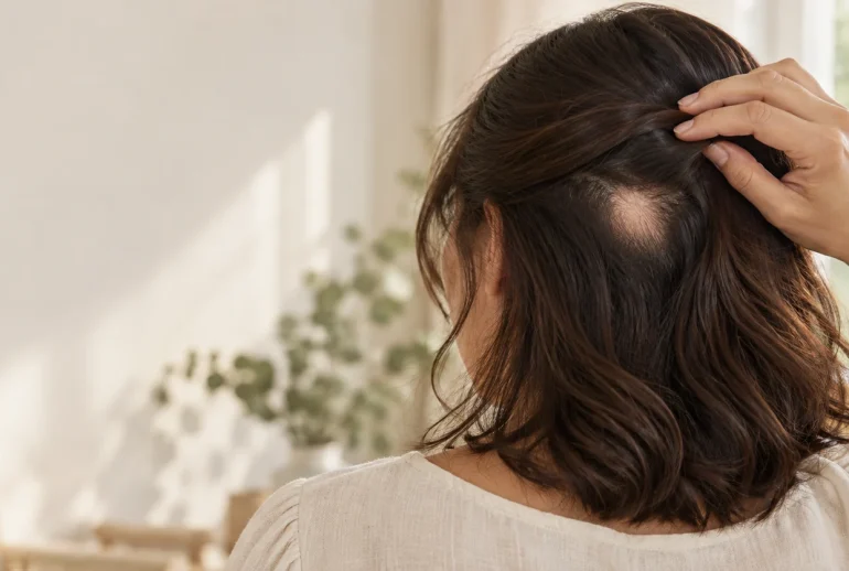 AI-generated illustration of a woman revealing a small patch of scalp hair loss