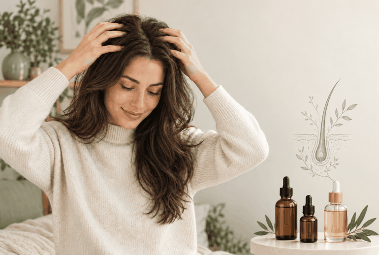 Woman gently massaging her scalp beside unbranded hair oil bottles and a hair-root illustration