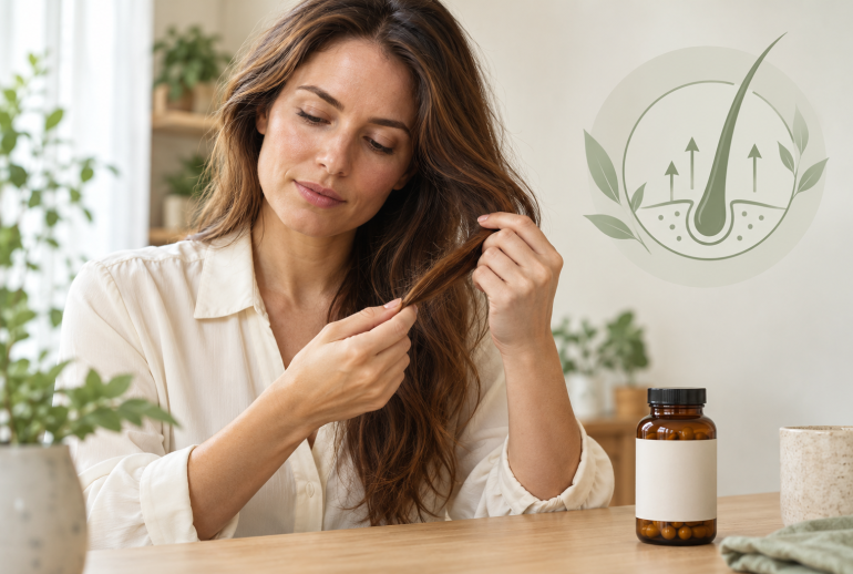 Woman examining her hair beside an unbranded supplement bottle and a stylised hair follicle illustration