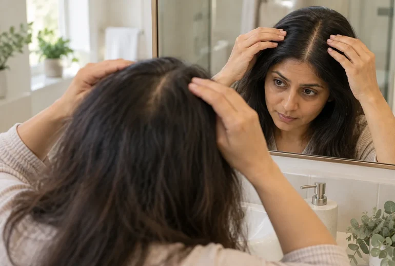 Woman looking at her central hair part in a mirror