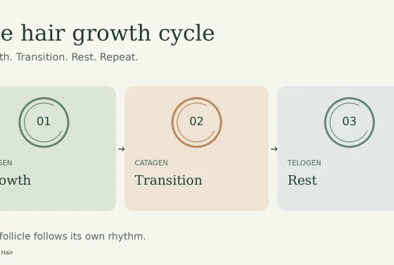 Hair growth cycle showing anagen growth, catagen transition and telogen rest