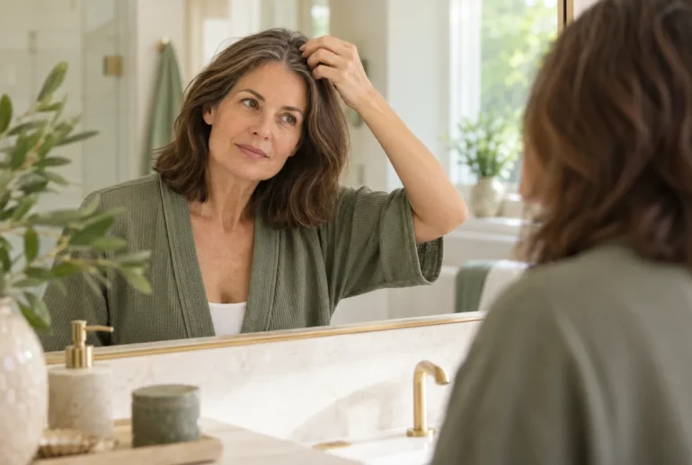 Midlife woman gently checking her hair parting in a mirror