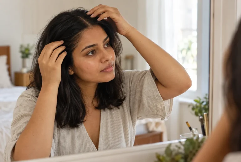 AI-generated illustration of a woman checking her hair parting in a mirror