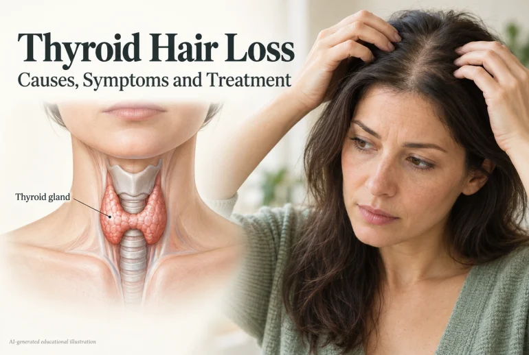 Thyroid gland illustration beside a woman checking hair thinning