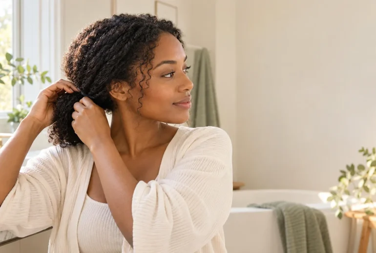 Woman gently arranging her hair in a loosely secured style.